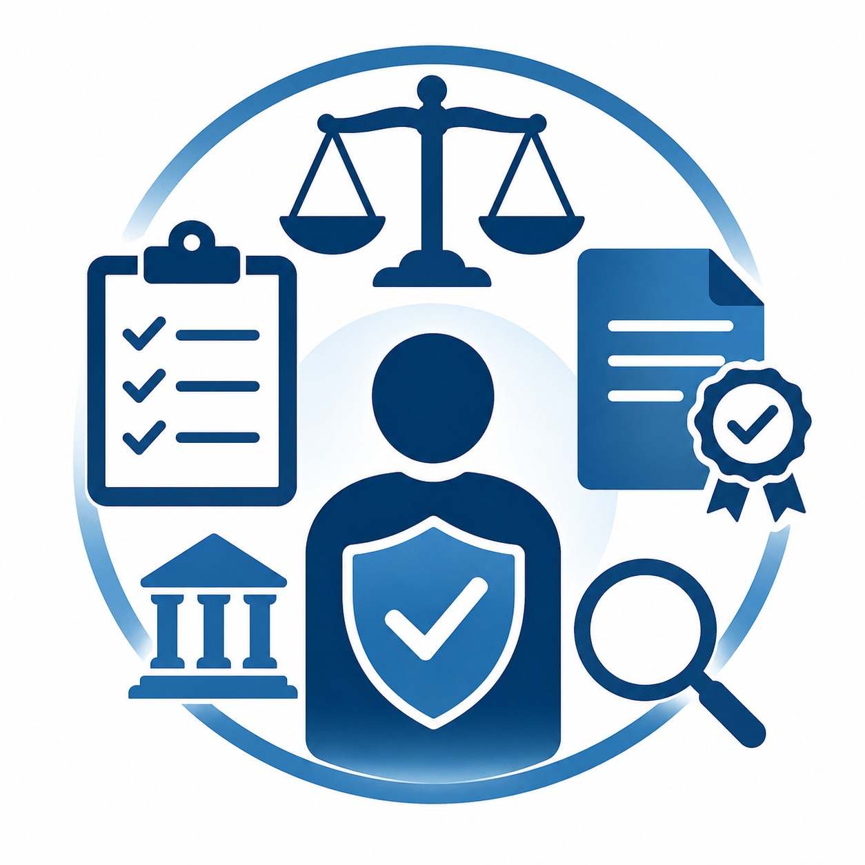 Regulatory compliance and certification icons — scales, shield, and certificate