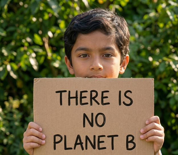 A child holding a sign reading 'There is no Planet B' — the human stakes behind ECOTRAIN's mission